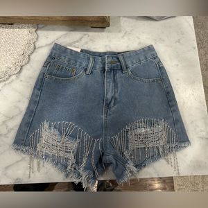 Denim rhinestone fringe short size small, NWT